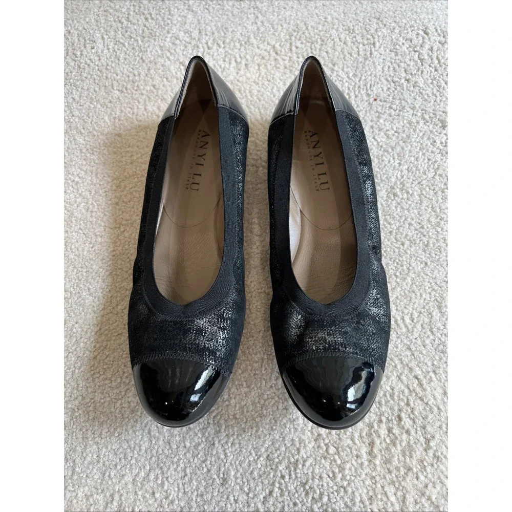 Anyi Lu Cate Ballet Flats Shoes 39.5‎ Black Cap Toe Leather Designer Minimalist